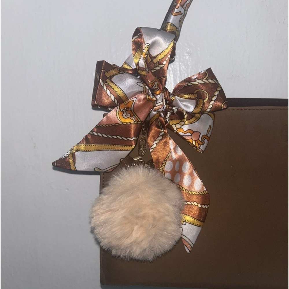 Twilly Silk Handbag Headband Neck Tie Scarf Cream Brown Orange